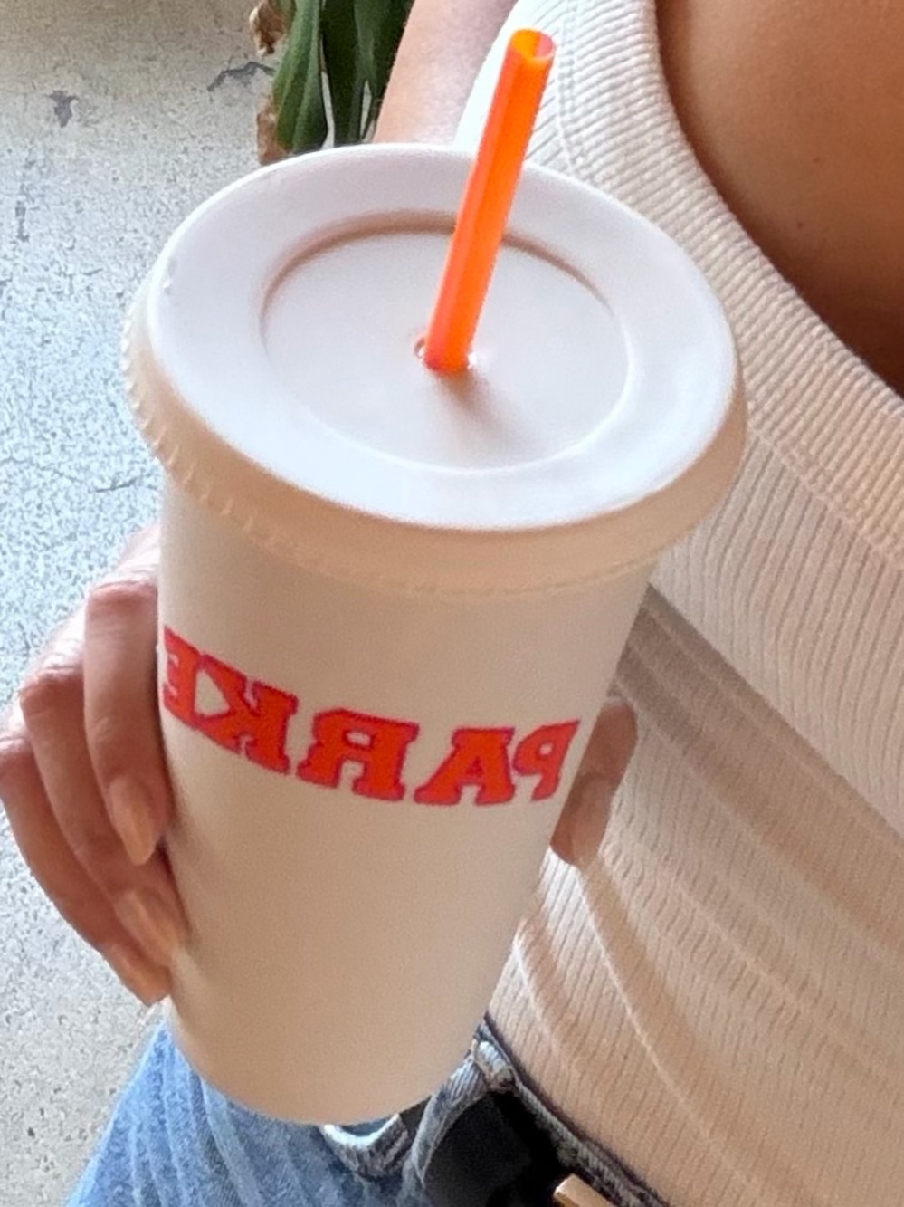 Parke Cream Tumbler with Orange and Pink Logo